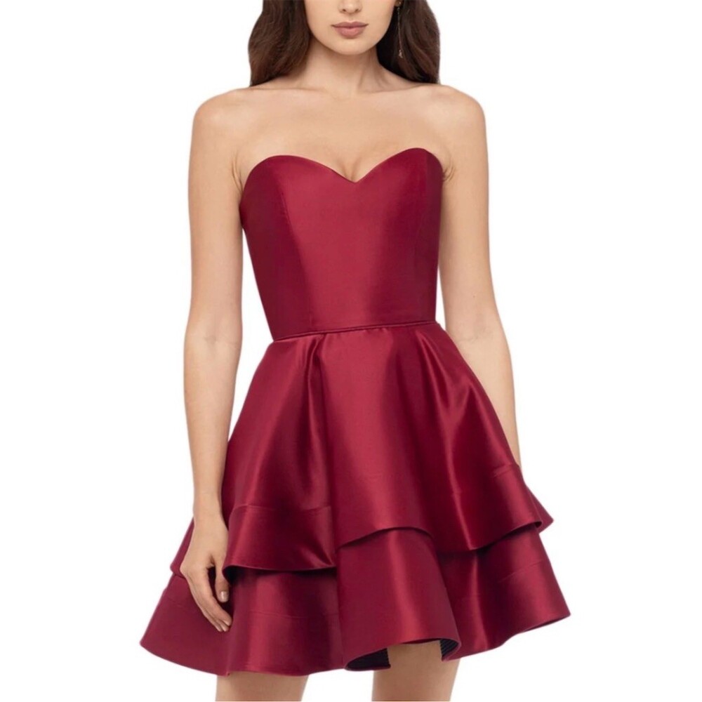 Blondie Nites Dress Size 3 Burgundy Strapless Sweetheart Tier Ruffle Homecoming
